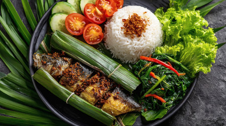 Steamed mackerel with rice and vegetables on a black backgroundの素材