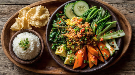 Thai style spicy minced pork salad with steamed vegetables and riceの素材