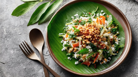 Tasty salad with rice and vegetables on grey table, closeupの素材