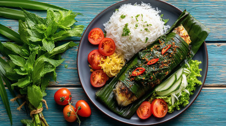 Baked mackerel with rice and vegetables on a blue wooden backgroundの素材