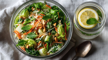 Healthy salad with quinoa, cucumber, nuts and lemon in glass bowlの素材