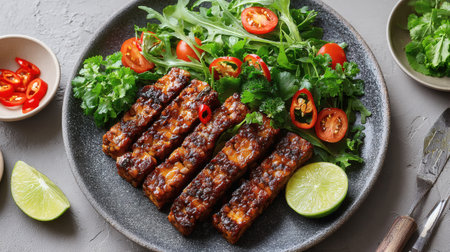 Spicy grilled eel with lime and vegetable salad on dark backgroundの素材