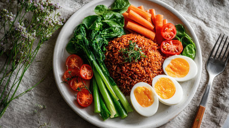 Healthy breakfast with boiled rice, carrots, spinach and boiled eggsの素材