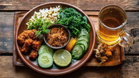 Thai food, fried chicken with rice and vegetable on wooden backgroundの素材