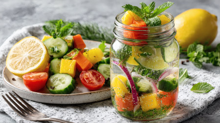 Fresh summer salad with cucumber, tomato, lemon and mint in a mason jarの素材
