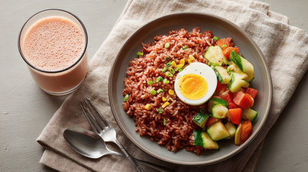 Plate with tasty boiled rice, egg and vegetable salad on tableの素材