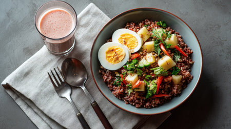 Bowl of brown rice with fresh vegetables and egg on grey backgroundの素材
