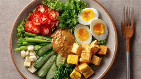 Vegetable salad with tofu and egg, healthy food concept.の素材