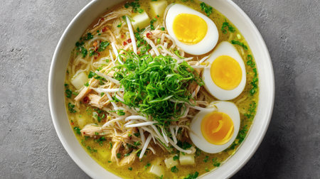 Ramen soup with chicken, egg and sprouts on grey backgroundの素材