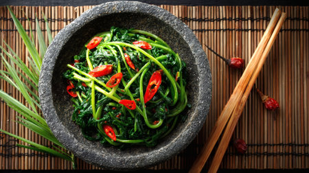 Stir-fried spinach in bowl on bamboo mat, top viewの素材