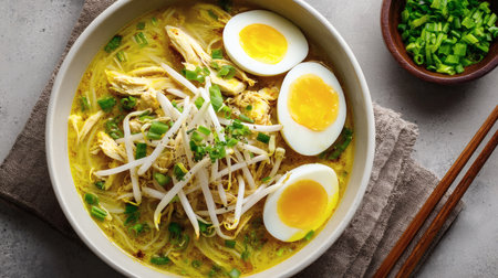 Ramen soup with egg, green onion and chicken in bowl on grey backgroundの素材