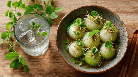 Green soy sauce with radish sprouts and ice in bowl on wooden backgroundの素材