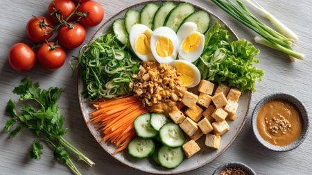 Healthy salad with tofu, cucumber, carrot, lettuce and eggsの素材