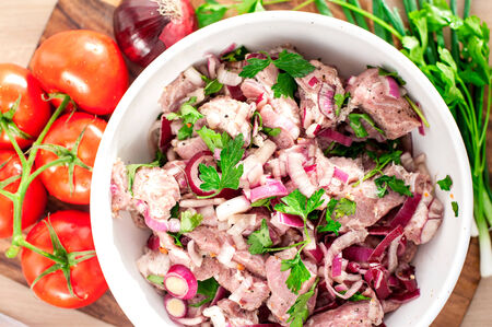 Fresh raw marinating meat for barbecue or kebab  Russian shashlik  Ingredients for weekend picnic  Indoors stillife の写真素材