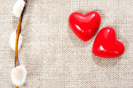 Couple red plastic shiny love hearts with spring willow twig on burlap background. Indoor closeup.