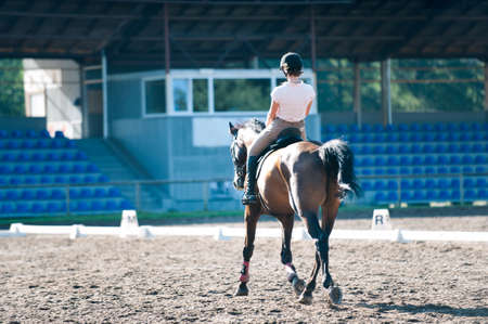 Training process before competition. Young teenage girl riding trotting horse on empty sandy arena...