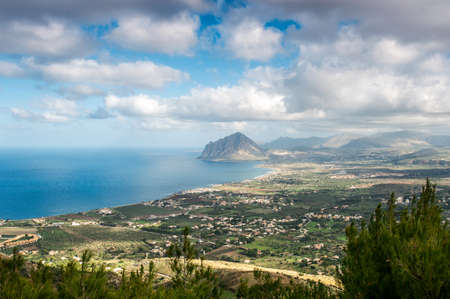 Beautiful panoramic view of medieval fortress in Cala Marina, harbor in coastal city Castellammare del Golfo, Sicily, Italy. Spectacular inspirational horizontal image.の写真素材