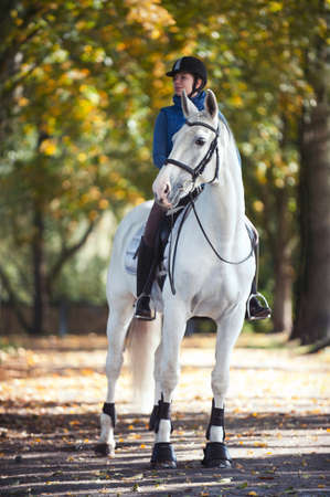 Equestrian lady riding white horseback in autumn alley. Vibrant colored outdoors vertical summertime image with filterの写真素材