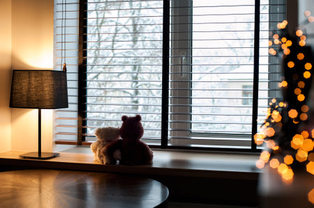 Cozy home evening-two loving embracing teddy bear toys sitting together on wooden windowsill with...