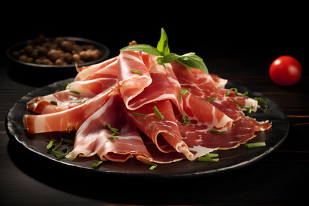Slices of Prosciutto di Parma on a Black Plateの素材
