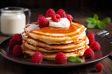 Syrup-Drizzled Delight: Stack of Homemade Hot Pancakes with Honey and Raspberryの素材