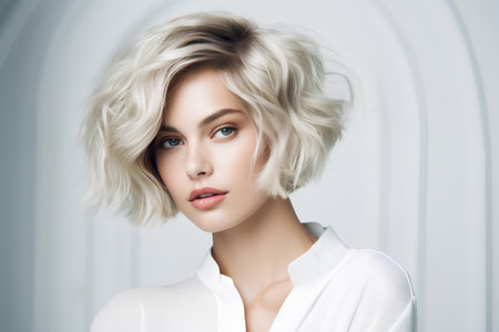 Girl with short bob haircut on light backgroundの素材