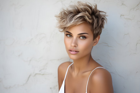 Woman with short bob haircut and tanned skin on light backgroundの素材