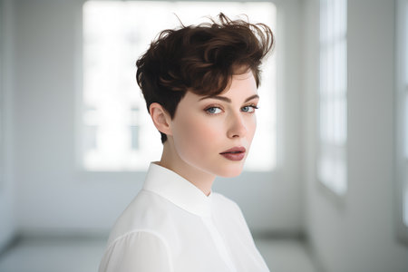 Girl with short bob haircut on light backgroundの素材