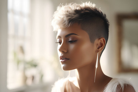 Woman with short bob haircut and tanned skin on light backgroundの素材