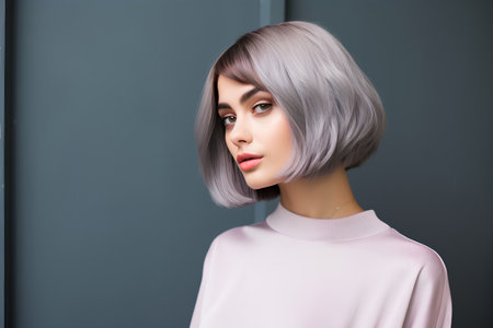 Girl with short bob haircut on gray backgroundの素材