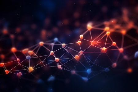 Abstract digital connection dots and lines background for technology, ai, science. Deep blue, orange, pink and turquoise. Molecular background with DNA. Network connection structure. 3d renderingの素材