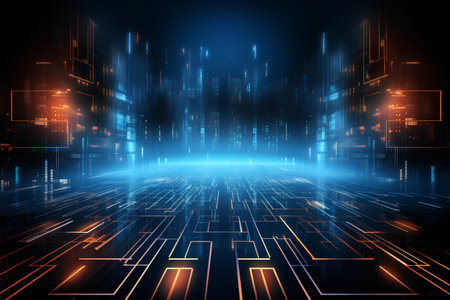 Digital abstract technology background with a futuristic cyberspace concept. High tech speed connection and blue tech sci fi innovation merge in an abstract circuit data, fast-loading design backdropの素材