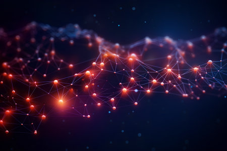 Abstract digital connection dots and lines background for technology, ai, science. Deep blue, orange, pink and turquoise. Molecular background with DNA. Network connection structure. 3d renderingの素材