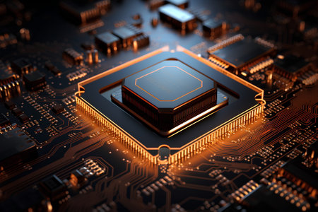 Detailed view of a contemporary electronic circuit board with a CPU, microchip, and various components, cutting-edge technology. This close-up image is ideal for banners, covers, brochures, and presentationsの素材