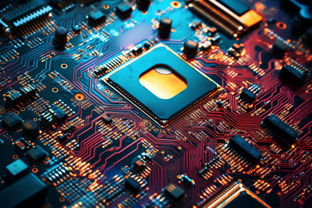 Detailed view of a contemporary electronic circuit board with a CPU, microchip, and various components, cutting-edge technology. This close-up image is ideal for banners, covers, brochures, and presentationsの素材