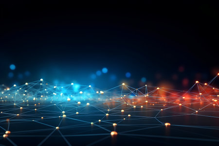 Abstract digital connection dots and lines background for technology, ai, science. Deep blue, orange, pink and turquoise. Molecular background with DNA. Network connection structure. 3d renderingの素材