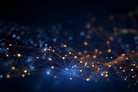 Abstract digital connection dots and lines background for technology, ai, science. Deep blue, orange, pink and turquoise. Molecular background with DNA. Network connection structure. 3d renderingの素材