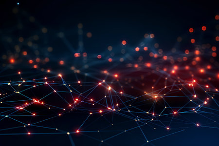 Technology abstract network background with a bright cyber network grid and connected particles. The concept for Big data visualization. Sound wave. 3d rendering. Digital connected dots and linesの素材