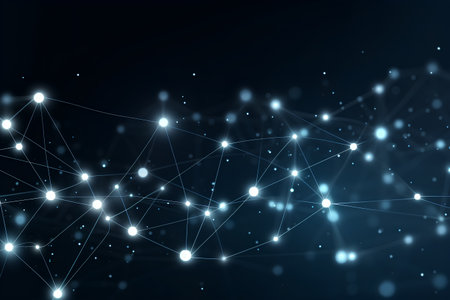 Technology abstract network background with a bright cyber network grid and connected particles. The concept for Big data visualization. Sound wave. 3d rendering. Digital connected dots and linesの素材