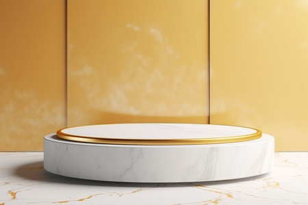 Abstract cylinder pedestal podium display. Yellow and white and white marble with gold details. Product presentation, mock up, show natural cosmetic product. Modern pastel scene for Award, Decor element background, studio lightingの素材