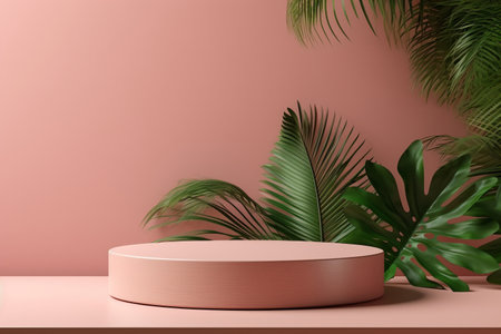 Abstract cylinder pedestal podium display against tropical pink background. Product presentation, mock up, show natural cosmetic product. Modern pastel scene for Award, Decor element background, studio lightingの素材