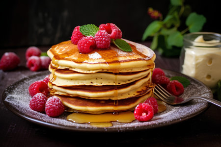 Hot Pancake Stack Adorned with Honey and Raspberryの素材