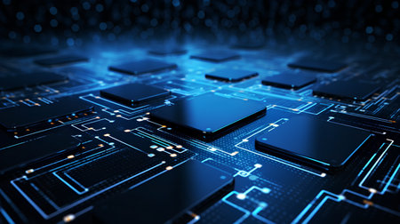 Detailed view of a contemporary electronic circuit board with a CPU, microchip, and various components, cutting-edge technology. Concept is ideal for banners, covers, brochures, and presentationsの素材