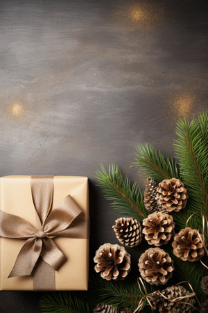 Christmas New Year card background with fir branches, cones, balls, gift box and ribbons. Flat lay with empty copy space. Dark bgの素材