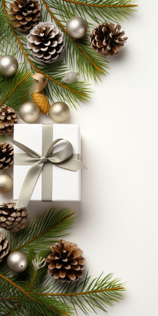 Christmas New Year card background with fir branches, cones, balls, gift box and ribbons. Flat lay with empty copy space. White bgの素材