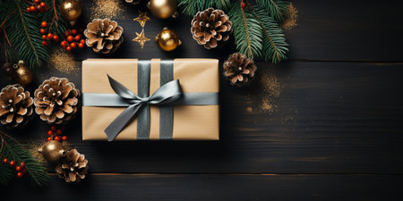 Christmas New Year card background with fir branches, cones, balls, gift box and ribbons. Flat lay with empty copy space. Dark wooden bgの素材