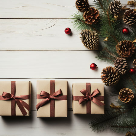 Christmas New Year card background with fir branches, cones, balls, gift box and ribbons. Flat lay with empty copy space. White wooden bgの素材