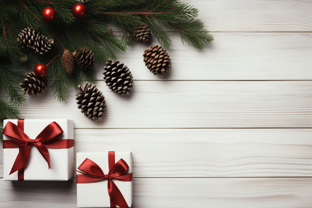 Christmas New Year card background with fir branches, cones, balls, gift box and ribbons. Flat lay with empty copy space. White wooden bgの素材