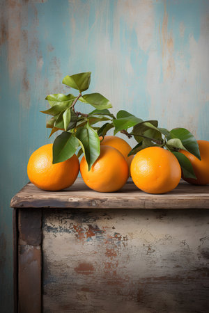 Sunny Oranges Arranged on Weathered Woodの素材