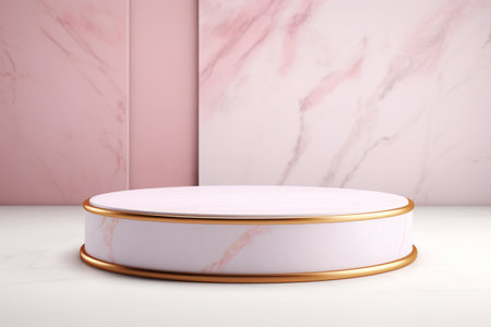 Abstract cylinder pedestal podium display. Pink and white marble with gold details. Product presentation, mock up, show natural cosmetic product. Modern pastel scene for Award, Decor element background, studio lightingの素材